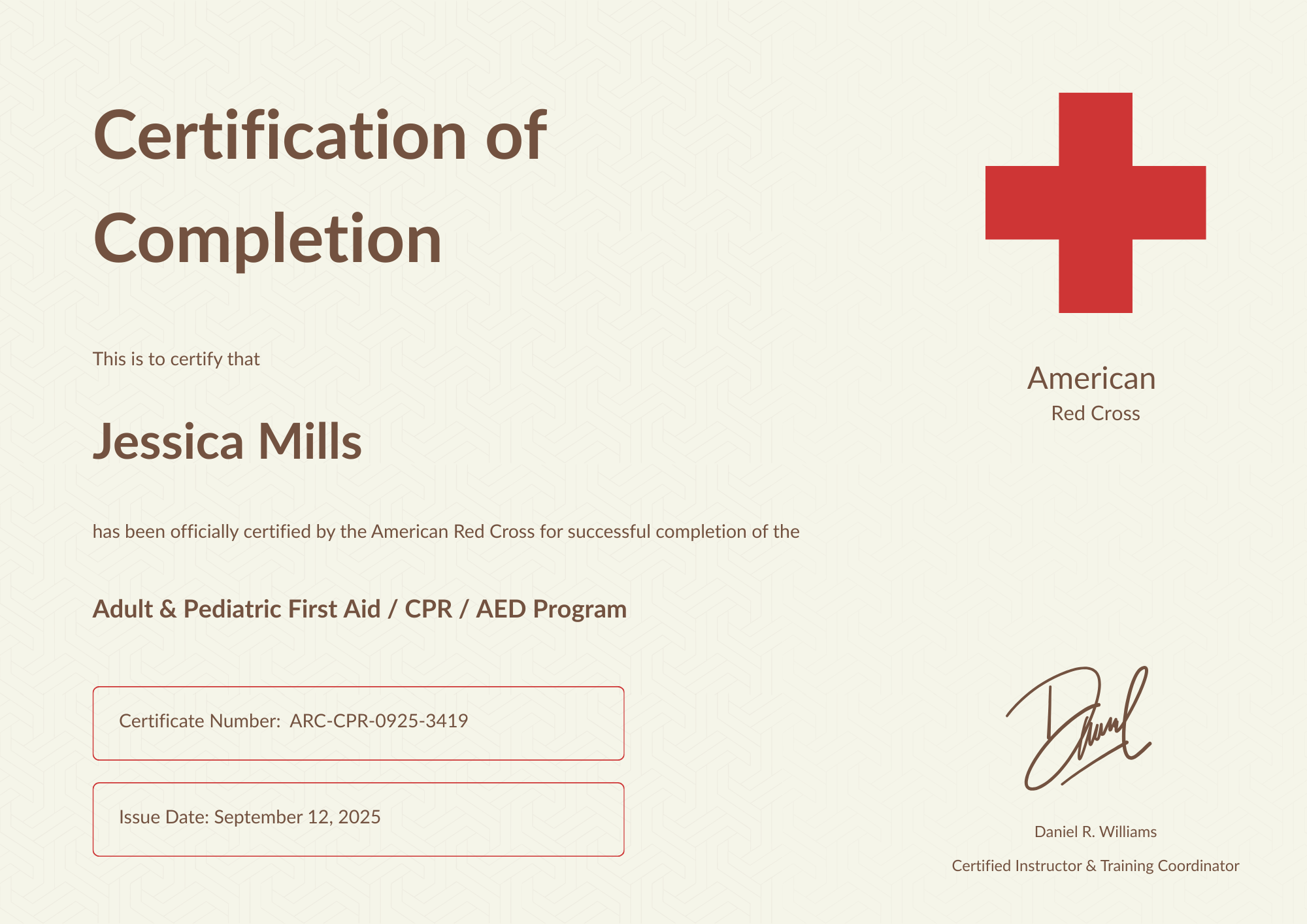 Cream Accent Red Cross Certificate Print for Completion